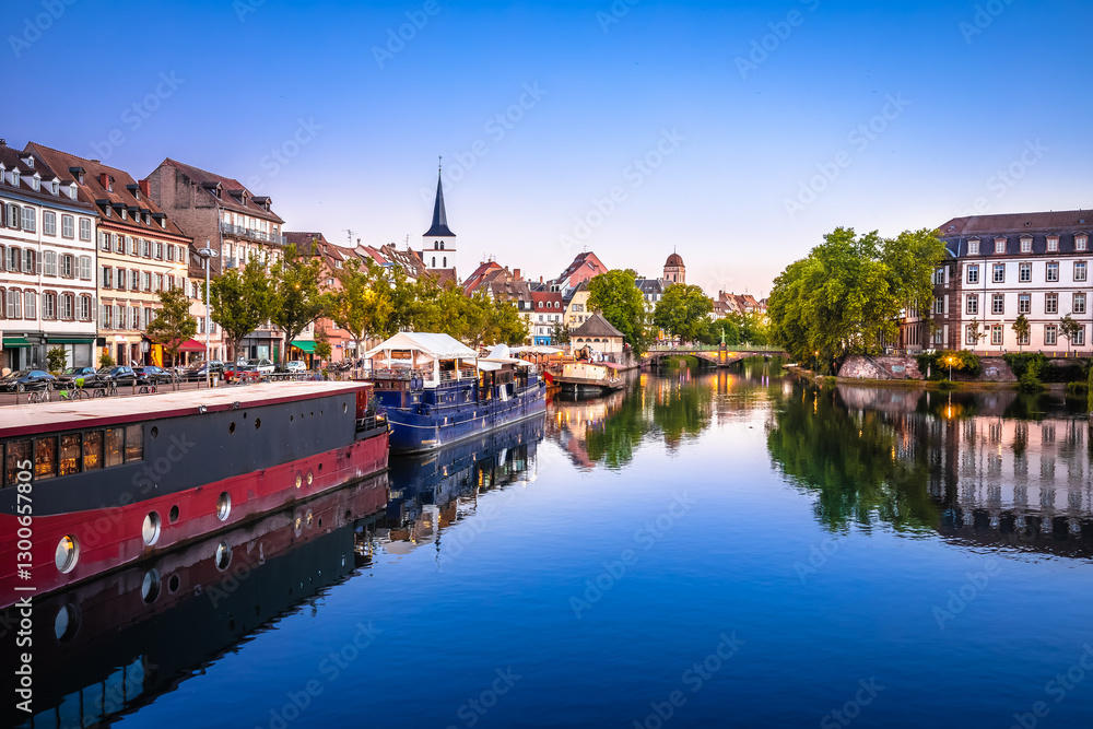 Town of Strasbourg canal and historic architecture evening view