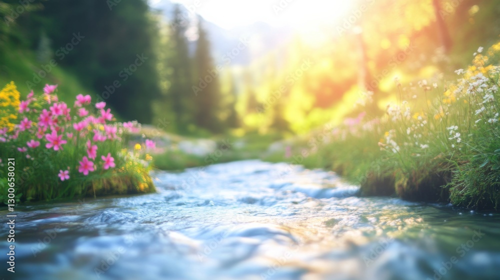 Fototapeta premium Serene River Flowing Through Valley of Wildflowers