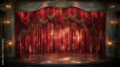 Ornate theater stage with crimson curtains