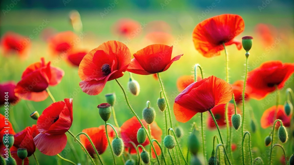 Fototapeta premium Dense cluster of bright red poppies swaying in the breeze against a vibrant green grassy field , poppies, wildflowers