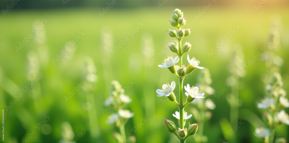 Tall Sage plant stems with delicate white flowers in full bloom on a sunny steppe landscape, millefolium, sage, field Tall Sage plant stems with delicate white flowers in full bloom on a sunny steppe landscape, millefolium, sage, field