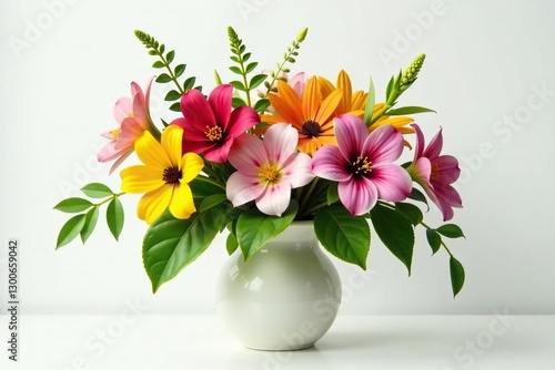 Wallpaper Mural A colorful mix of exotic flowers and leaves in a vase on a plain white background, flora, garden elements, greenery Torontodigital.ca