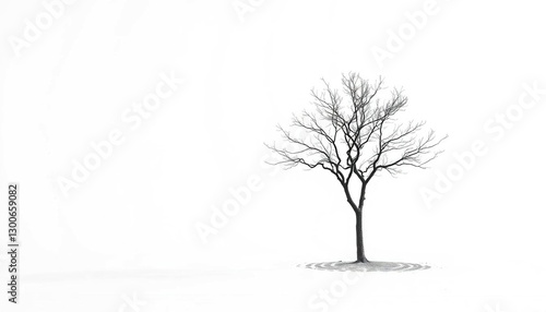 A lone tree stands stark against a pure white backdrop, artwork, winter