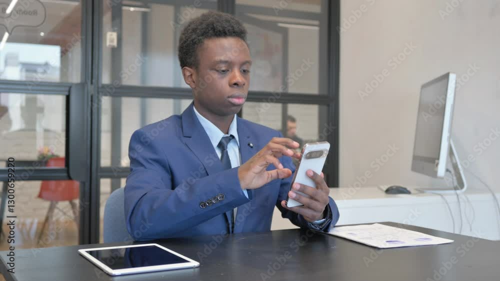 Young African Businessman Browsing Internet on Phone at Workplace Young African Businessman Browsing Internet on Phone at Workplace