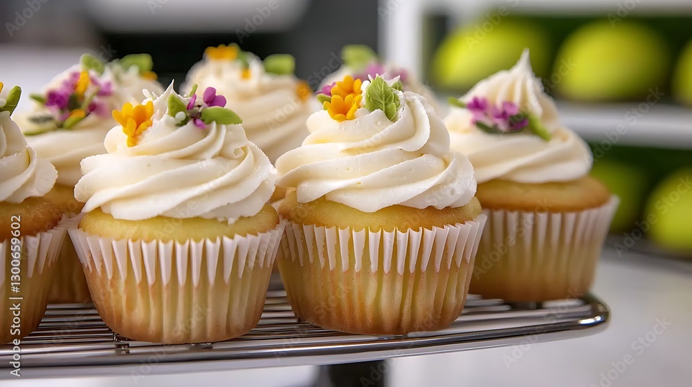 Delightful cupcakes topped with swirls of creamy frosting and garnished with vibrant edible flowers, perfect for any celebration. Delightful cupcakes topped with swirls of creamy frosting and garnished with vibrant edible flowers, perfect for any celebration.