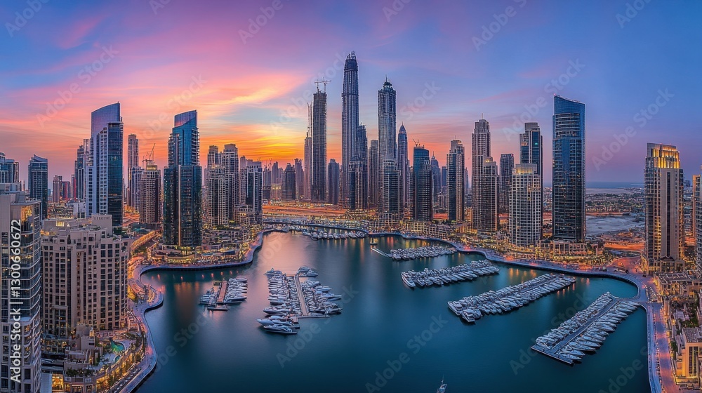 Fototapeta premium A breathtaking twilight view where high-rise buildings on both sides reflect the golden hues of the setting sun