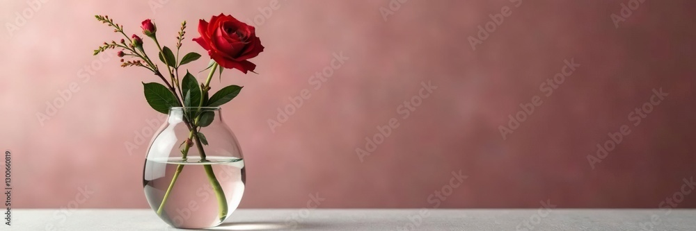 Fototapeta premium Single red heart flower in a modern glass vase, heart, flowers