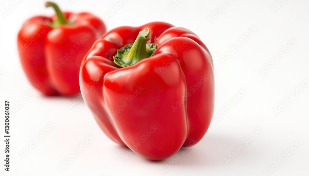 Single vibrant red bell pepper, perfectly isolated on pure white backdrop, fresh, glossy Single vibrant red bell pepper, perfectly isolated on pure white backdrop, fresh, glossy