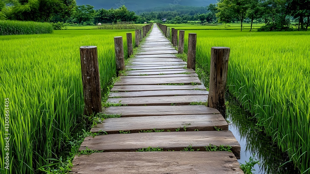 Obraz premium Wooden Path Through Lush Green Rice Paddy - Nature and serenity