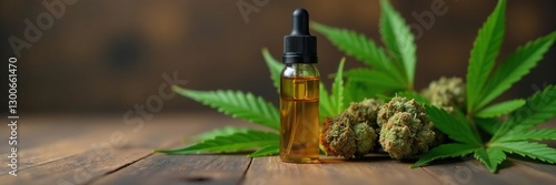 Vape cartridge with CBD oil fluid in front of hemp bud on wood, extract, cannabis