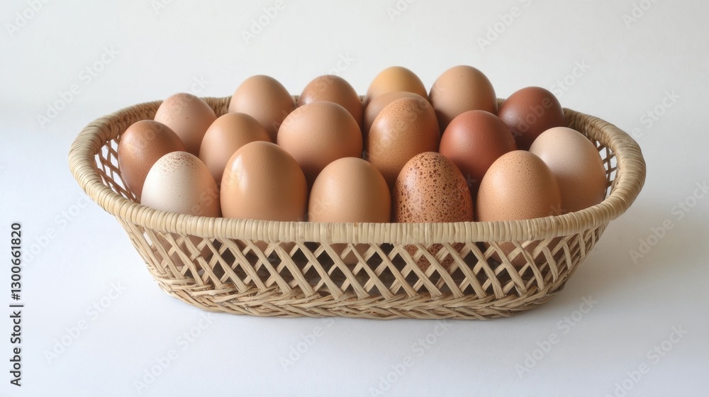 A close-up shot of a neatly arranged basket with glossy dyed eggs, placed on a white background A close-up shot of a neatly arranged basket with glossy dyed eggs, placed on a white background