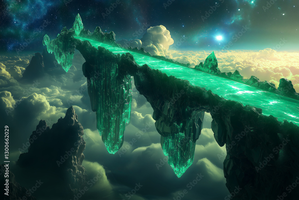 Cosmic Nebulae in a Futuristic Colossal Emerald Crystal Sky Bridge Connecting Floating Islands