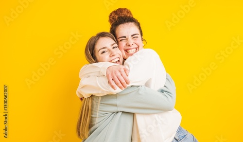Fotografía Two happy friends hugging and having fun on yellow background