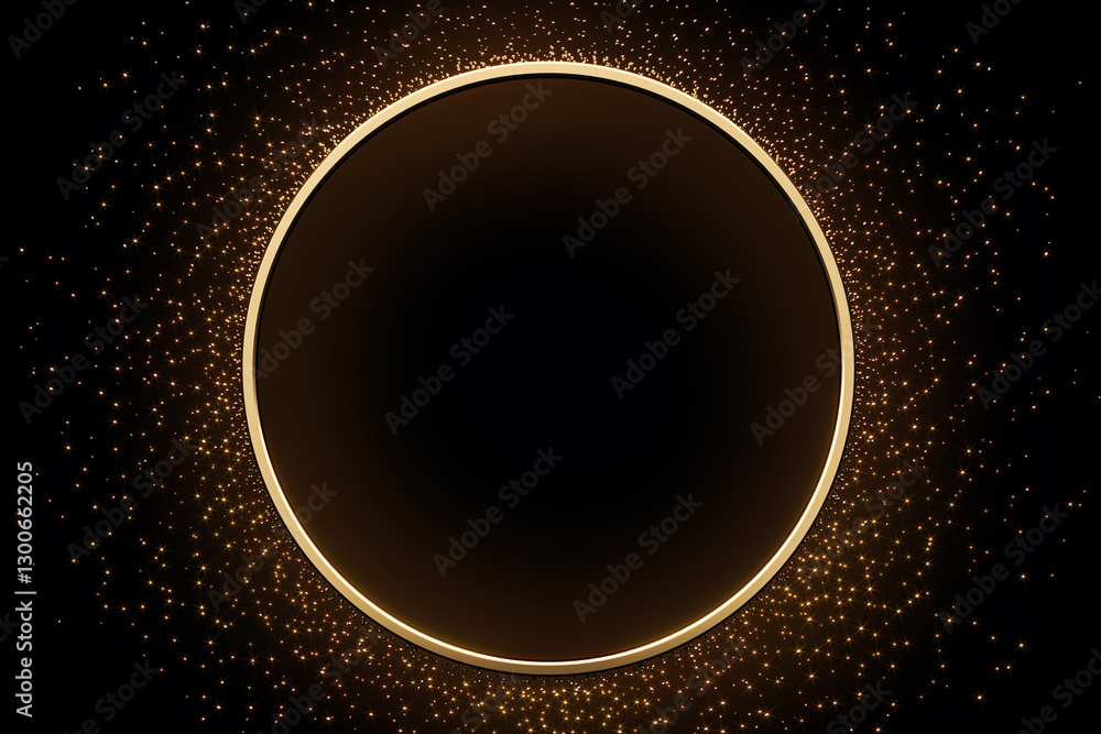 Obraz premium Luxury golden ring with glowing sparkles on black background. 3D Rendering