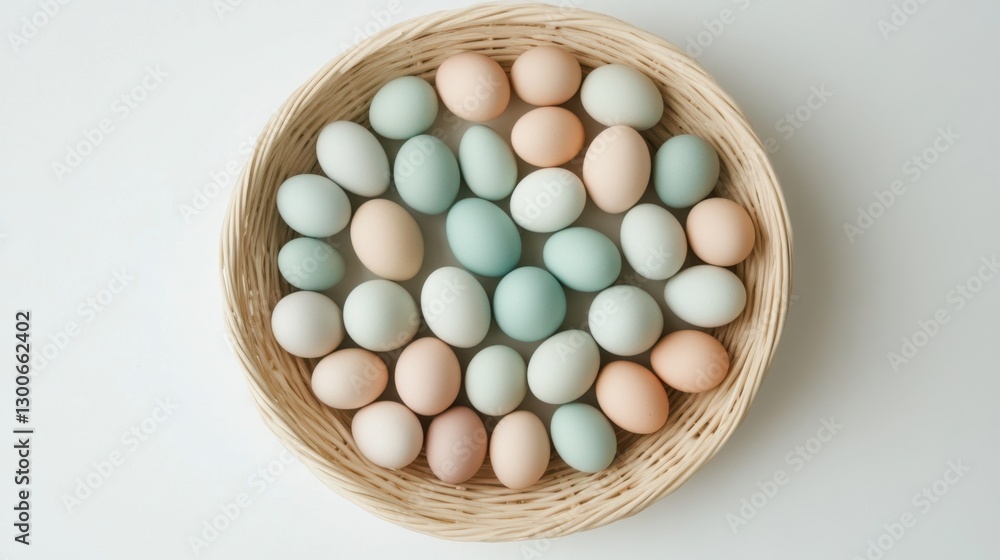 A cozy basket filled with matte pastel eggs, carefully arranged on a neutral white background A cozy basket filled with matte pastel eggs, carefully arranged on a neutral white background