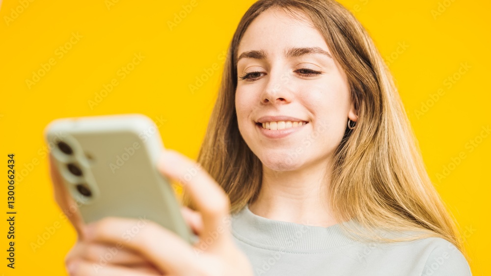 Smiling young woman using smartphone on yellow background Smiling young woman using smartphone on yellow background