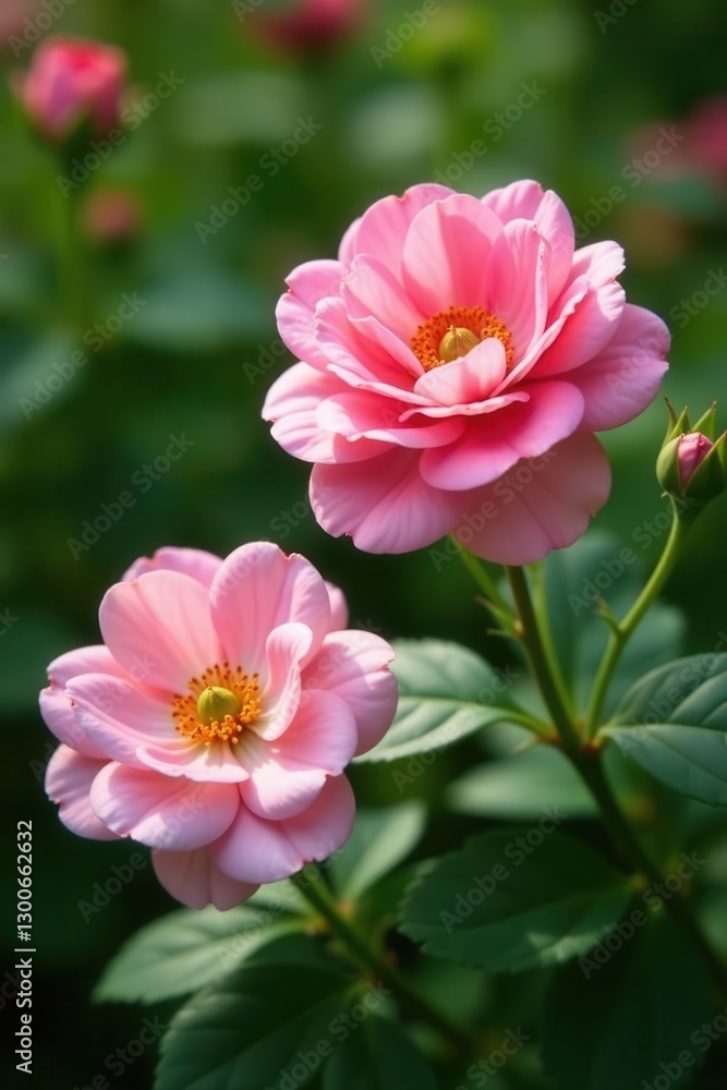 Delicate rose pink blooms, lush green foliage, garden setting , high-resolution, spring Delicate rose pink blooms, lush green foliage, garden setting , high-resolution, spring