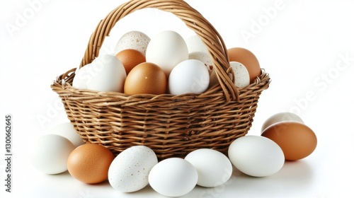 A creative arrangement of a basket with bright eggs in various sizes, set on a pure white background