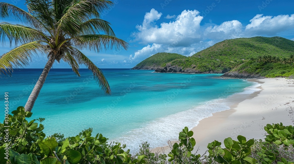 A tranquil beach scene featuring turquoise waters, white sandy shores, and lush palm trees under a bright and clear sky A tranquil beach scene featuring turquoise waters, white sandy shores, and lush palm trees under a bright and clear sky