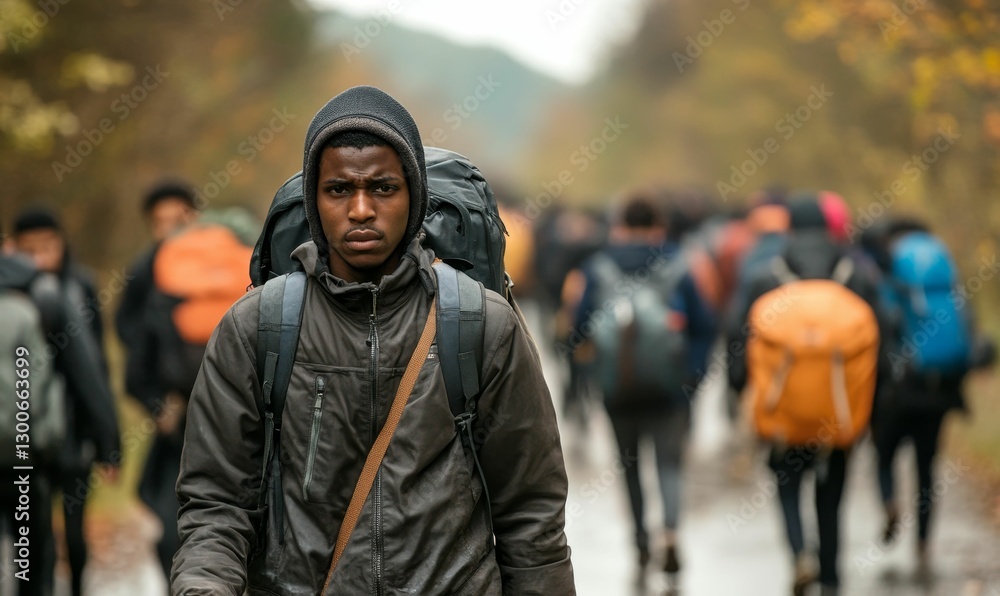 Fototapeta premium Man walking with determination surrounded by people and backpacks.