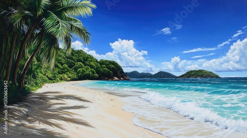 A tranquil beach with turquoise waves meeting the white sand, framed by swaying palm trees and a bright blue sky above