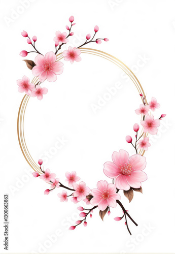 Round cartoon cherry blossom romantic floral border pink hand painted