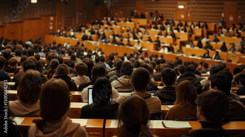 Obraz na płótnie Students attentively listening in a large lecture hall during a university class, with a focus on learning and engagement w salonie