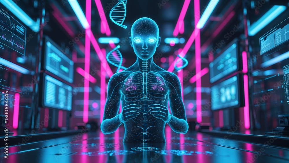 A digital representation of a human figure illuminated in neon colors showcases advanced research in the field of virology A digital representation of a human figure illuminated in neon colors showcases advanced research in the field of virology