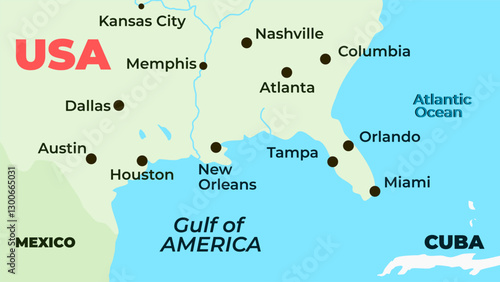 Gulf of Mexico renamed as gulf of America. Detailed colored map illustration.