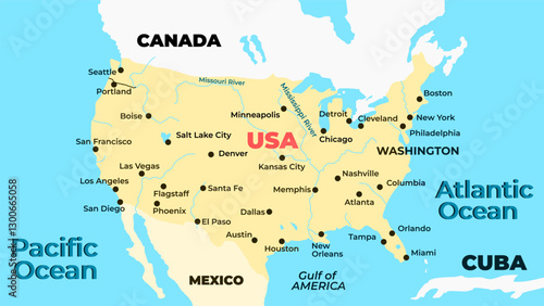 Vector map of the United States highlighting Florida, Texas, and Gulf region illustration.