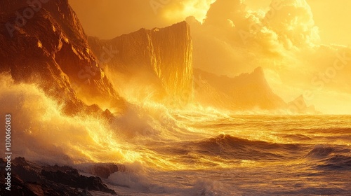 A breathtaking coastal cliff illuminated by golden sunlight, with powerful ocean waves crashing against the rocky shoreline