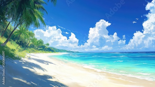 A wide-angle view of a tropical beach, with turquoise waters shimmering under the sun, white sand, and gently swaying palm trees