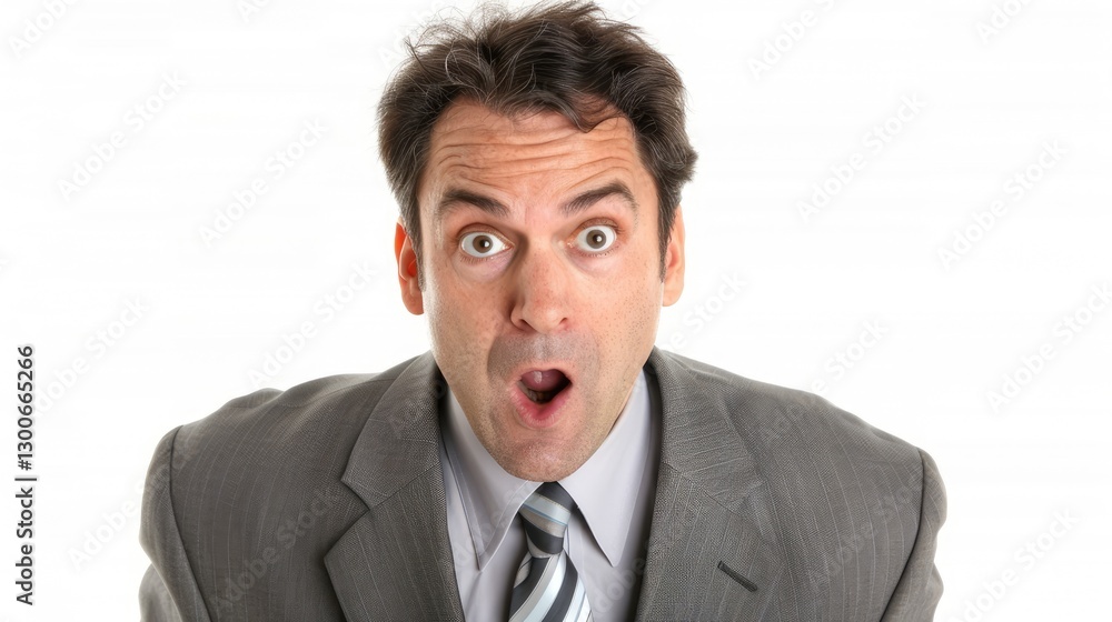 Surprised businessman in a suit expressing shock, with a plain background emphasizing his reaction Surprised businessman in a suit expressing shock, with a plain background emphasizing his reaction