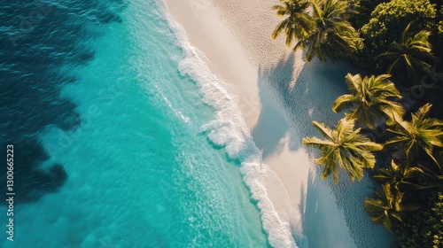A breathtaking tropical beach with crystal-clear turquoise water, white sand, and tall palms swaying gently in the coastal breeze