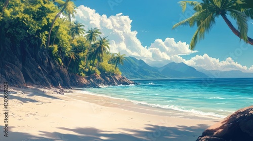 A breathtaking tropical beach with crystal-clear turquoise water, white sand, and tall palms swaying gently in the coastal breeze