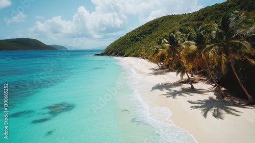 A breathtaking tropical beach with crystal-clear turquoise water, white sand, and tall palms swaying gently in the coastal breeze