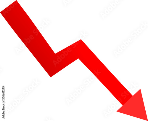 Red arrow pointing down, falling concept of loss market crash, falling red arrow indicating a decrease in value, big red arrow going down, business loss financial decline economic fall recession.