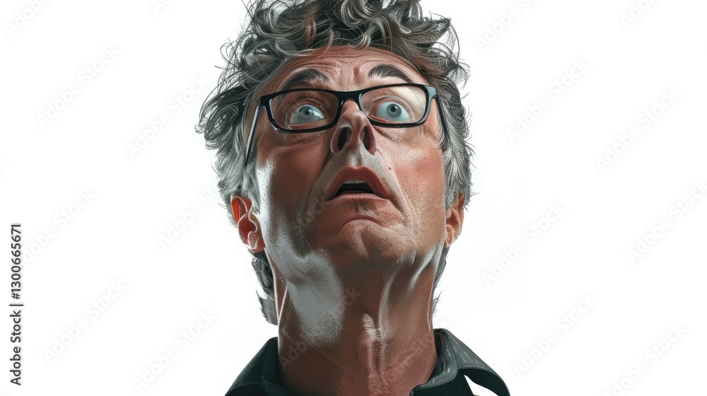 Surprised man gazing upward with wide eyes, showcasing a dramatic expression against a plain background