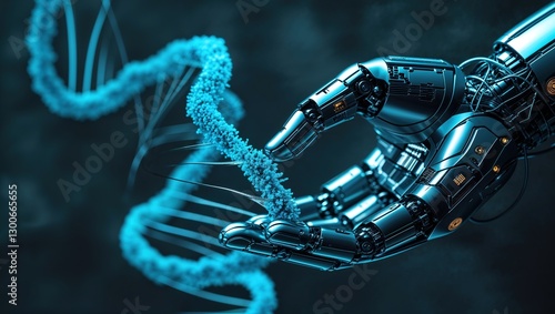 A robotic hand delicately holds a strand of genetic material, highlighting the intersection of technology and medical research in virus genome studies