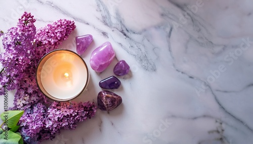 gemstones minerals candle lilac flowers on marble background healing stones for crystal ritual esoteric spiritual practice aura cleansing relax reiki therapy fluorite amethyst rose quartz