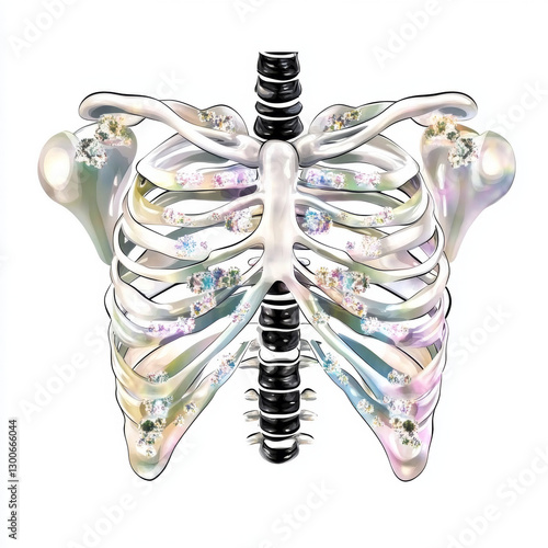 human ribcage with highlighted sternum, adorned with colorful floral patterns