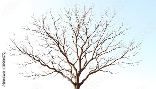 Bare, intricately branched tree limbs isolated on pure white backdrop, clean, tree