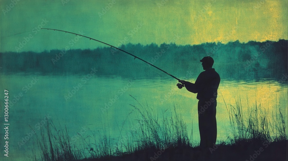 Tranquil Lakeside Fishing Scene in Soft Light Tranquil Lakeside Fishing Scene in Soft Light