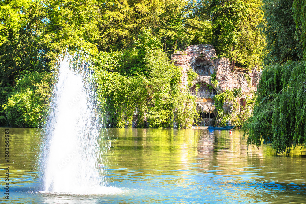 Park de la Orangerie scenic lake and caves in Strasbourg view