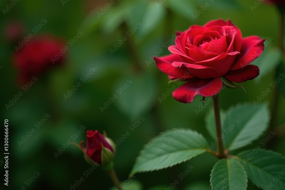 Deep red rosebuds, velvety petals, lush green foliage, spring, floral Deep red rosebuds, velvety petals, lush green foliage, spring, floral