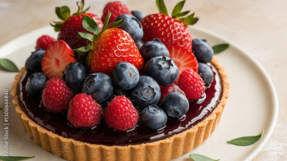 The textures of raspberries, blueberries, and strawberries on a crispy base, with a glossy jelly glaze. The textures of raspberries, blueberries, and strawberries on a crispy base, with a glossy jelly glaze.