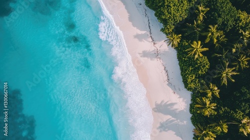A picture-perfect tropical beach with turquoise waters stretching into the horizon, soft white sand, and lush swaying palms