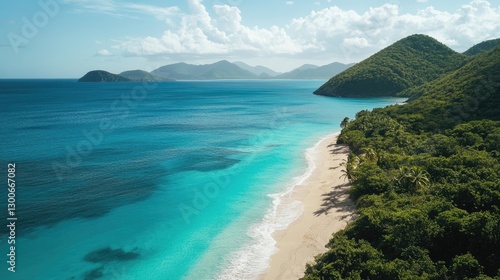 A picture-perfect tropical beach with turquoise waters stretching into the horizon, soft white sand, and lush swaying palms