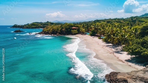 A picturesque tropical beach with turquoise waves meeting a white sandy shore, surrounded by swaying palms and clear blue skies