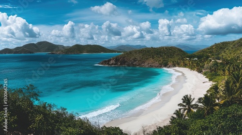 A picturesque tropical beach with turquoise waves meeting a white sandy shore, surrounded by swaying palms and clear blue skies